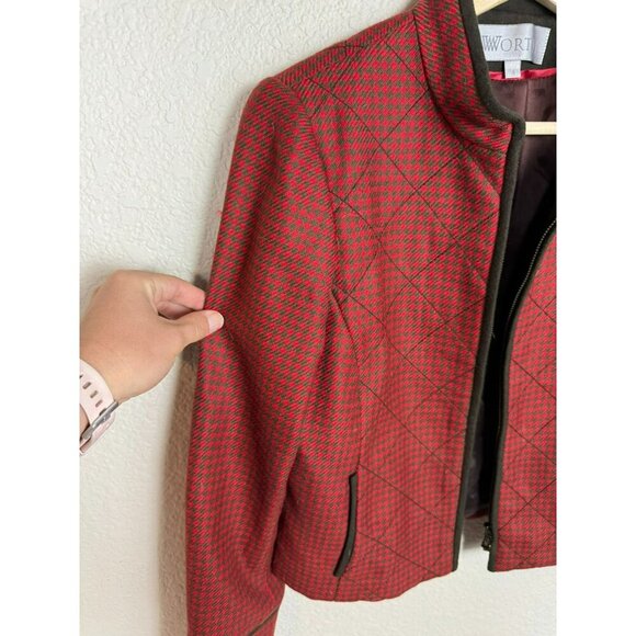 Worth Women's Blazer Jacket Size 4 Wool Houndstooth Quilted Red Career Full Zip - Picture 5 of 12